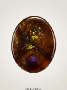 Oval fire agate cabochon 4.4ct with green-gold iridescent flash, Aguascalientes, MX